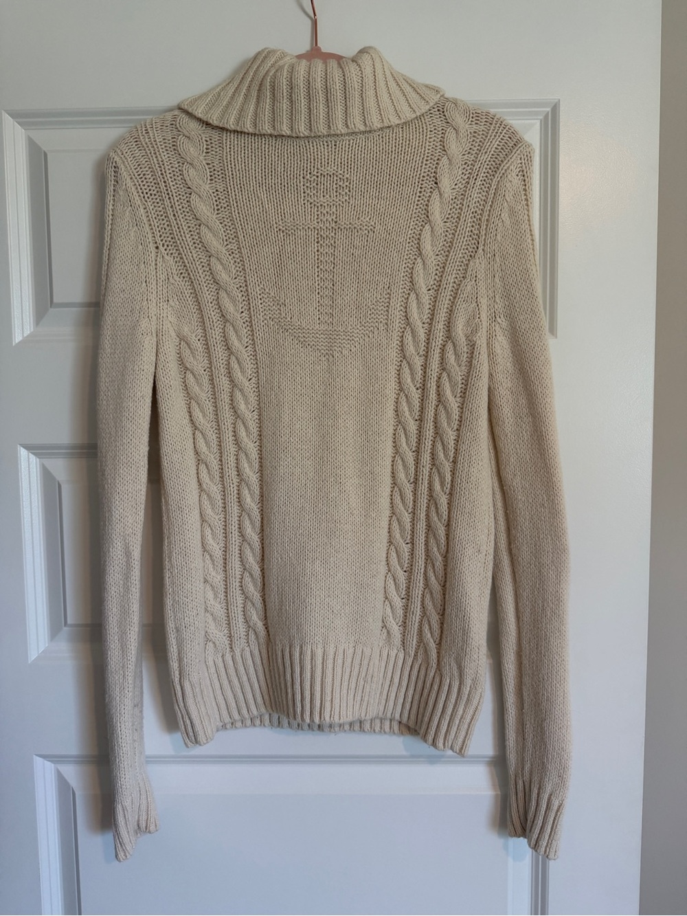 Lands' End Cream Cable Funnel-Neck Sweater with Anchor Detail